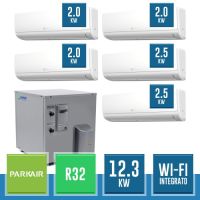 PARKAIR PRK-5MCW-42 + 3x PRK-WI-M07S + 2x PRK-WI-M09S Kit Pentasplit a Parete Acqua/Aria DC Inverter + H2O Inverter R32 con Wi-Fi Integrato - 12.3 kW
